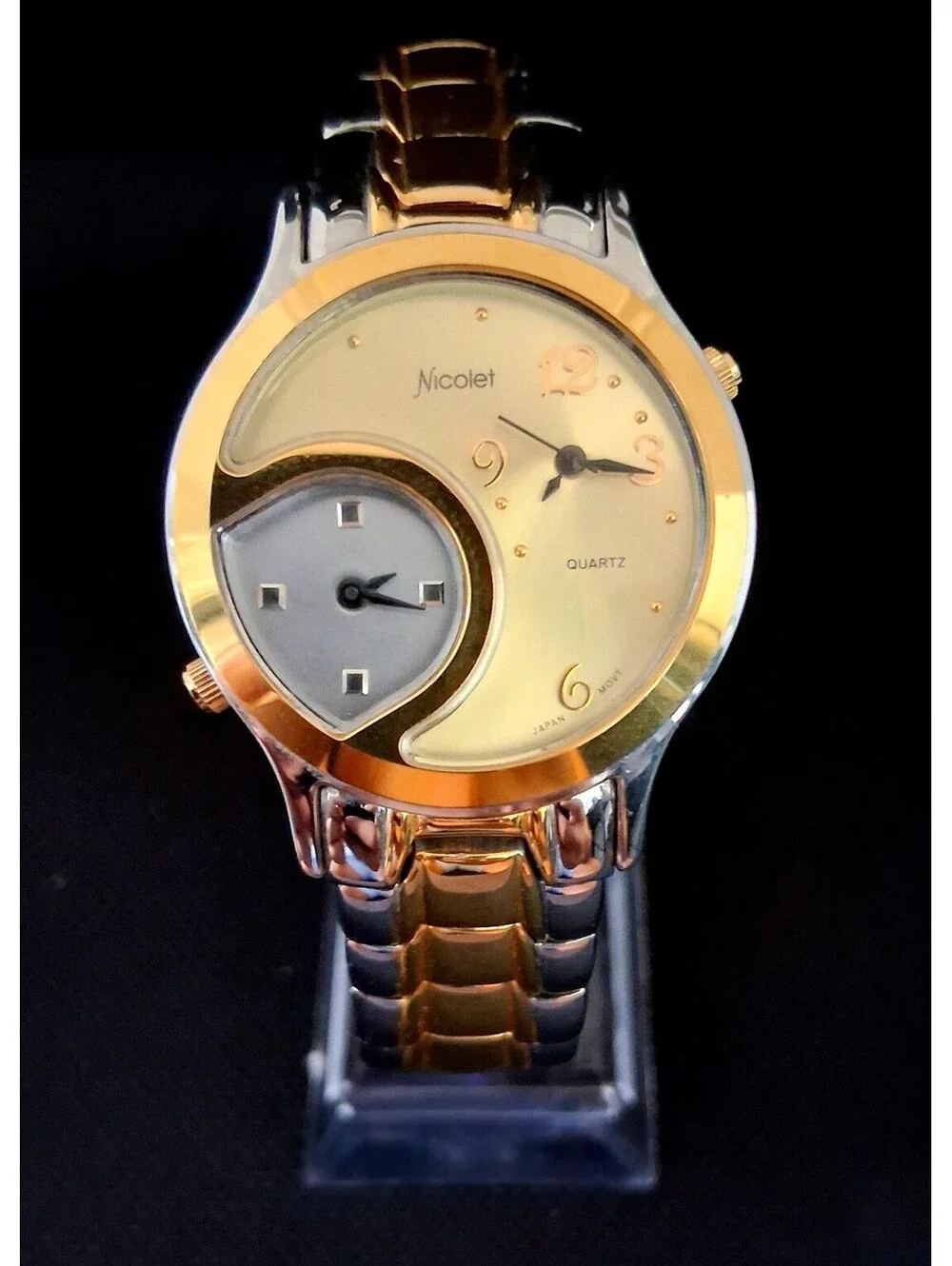 RARE Vintage Nicolet NC1070 Two Tone Dual Time Quartz Men's Swiss Watch